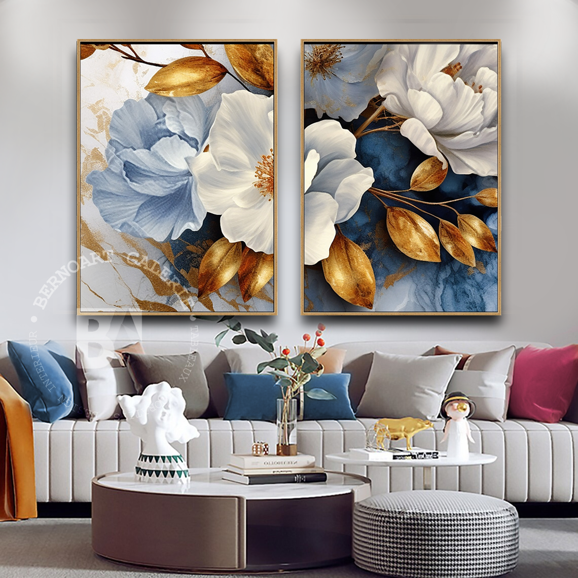 Tableau décoratif diptyque -Fleurs d'Azur- art floral – Bernoart